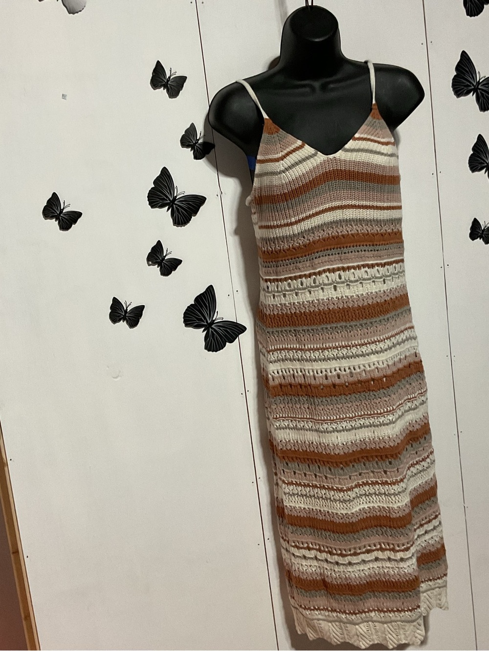 Striped Crochet Knit Maxi Dress in Cream and Brown